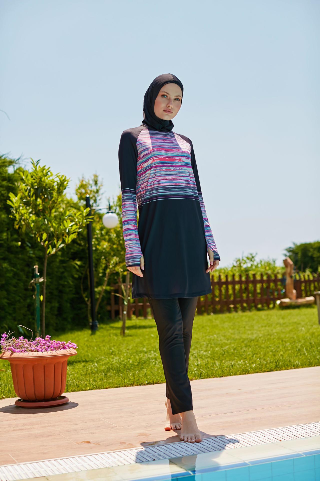 Kolları Parmak Geçmeli Renkli Çizgili Spor Tesettür Mayo- Siyah - Mayou