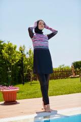 Kolları Parmak Geçmeli Renkli Çizgili Spor Tesettür Mayo- Siyah - Mayou