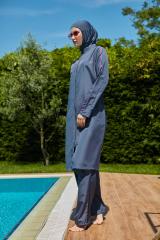 Kolları Şeritli Tesettür Mayo - Antrasit Fuşya -  Mayou