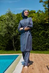 Kolları Şeritli Tesettür Mayo - Antrasit Fuşya -  Mayou