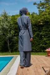 Kolları Şeritli Tesettür Mayo - Antrasit Fuşya -  Mayou