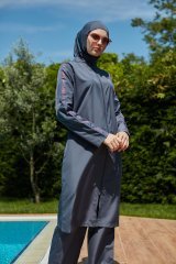 Kolları Şeritli Tesettür Mayo - Antrasit Fuşya -  Mayou XXL