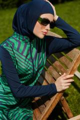 Kolları Likralı Soyut Desenli Tesettür Mayo - Lacivert  Yeşil - Mayou