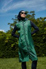 Kolları Likralı Soyut Desenli Tesettür Mayo - Lacivert  Yeşil - Mayou