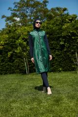 Kolları Likralı Soyut Desenli Tesettür Mayo - Lacivert  Yeşil - Mayou