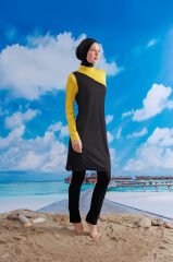 Şık Tasarım Tesettür Mayo- Siyah Sarı -  Mayou