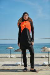 Kolları Parmak Geçmeli Garnili İki Renkli Spor Tesettür Mayo- Siyah Turuncu Narçiçeği -  Mayou