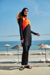 Kolları Parmak Geçmeli Garnili İki Renkli Spor Tesettür Mayo- Siyah Turuncu Narçiçeği -  Mayou