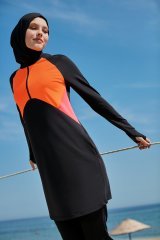 Kolları Parmak Geçmeli Garnili İki Renkli Spor Tesettür Mayo- Siyah Turuncu Narçiçeği -  Mayou XL