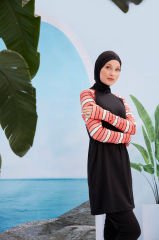 Kolları Parmak Geçmeli Şerit Çizgili Spor Tesettür Mayo- Siyah - Mayou