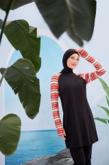 Kolları Parmak Geçmeli Şerit Çizgili Spor Tesettür Mayo- Siyah - Mayou