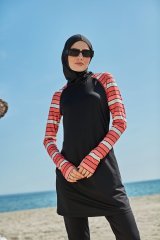 Kolları Parmak Geçmeli Şerit Çizgili Spor Tesettür Mayo- Siyah - Mayou L