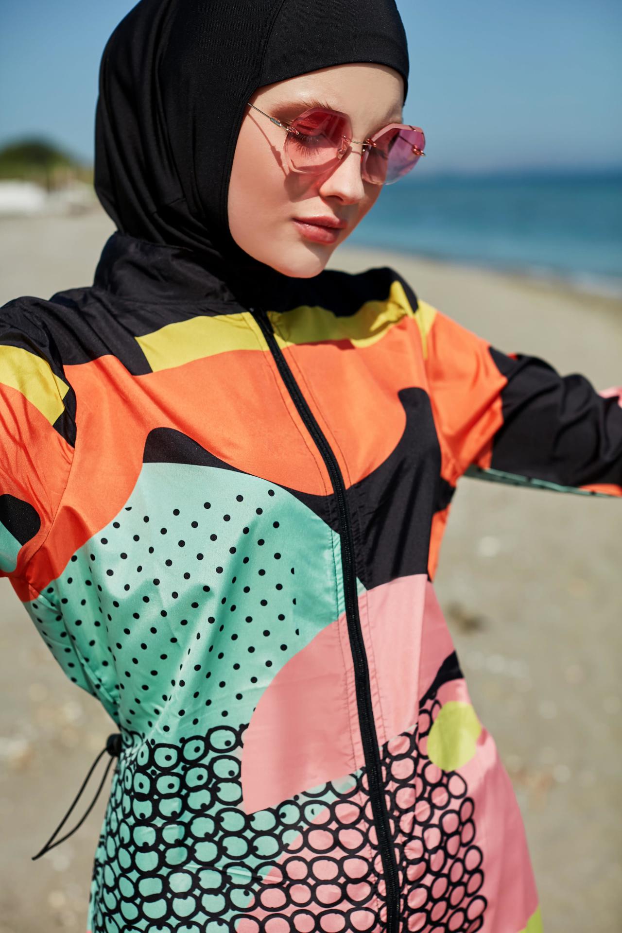 Dalga Desenli Renkli Tesettür Mayo - Karışık Renkli -  Mayou