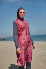 Kolları Likralı Soyut Desenli Tesettür Mayo – Antrasit Fuşya - Mayou