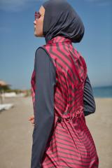 Kolları Likralı Soyut Desenli Tesettür Mayo – Antrasit Fuşya - Mayou