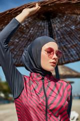 Kolları Likralı Soyut Desenli Tesettür Mayo – Antrasit Fuşya - Mayou