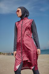 Kolları Likralı Soyut Desenli Tesettür Mayo – Antrasit Fuşya - Mayou XXL