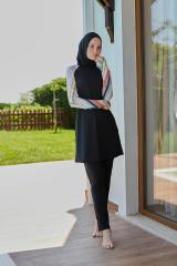 Kolları Parmak Geçmeli Renkli Spor Tesettür Mayo- Siyah - Mayou