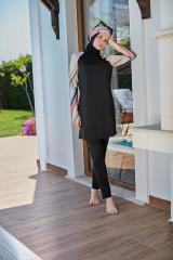 Kolları Parmak Geçmeli Renkli Spor Tesettür Mayo- Siyah - Mayou