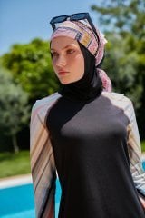 Kolları Parmak Geçmeli Renkli Spor Tesettür Mayo- Siyah - Mayou L