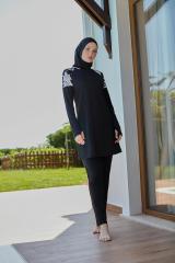 Kolları Parmak Geçmeli Omuzları Çiçek Desenli Spor Tesettür Mayo  Siyah Beyaz -  Mayou