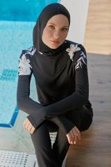 Kolları Parmak Geçmeli Omuzları Çiçek Desenli Spor Tesettür Mayo  Siyah Beyaz -  Mayou