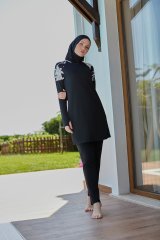 Kolları Parmak Geçmeli Omuzları Çiçek Desenli Spor Tesettür Mayo  Siyah Beyaz -  Mayou S