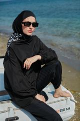 Omuzu Fermuarlı Tesettür Mayo - Siyah