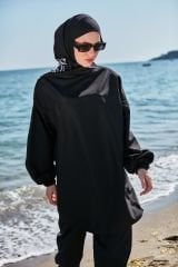 Omuzu Fermuarlı Tesettür Mayo - Siyah