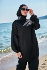 Omuzu Fermuarlı Tesettür Mayo - Siyah