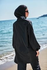 Omuzu Fermuarlı Tesettür Mayo - Siyah