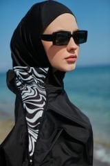 Omuzu Fermuarlı Tesettür Mayo - Siyah