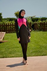 Kolları Parmak Geçmeli Garnili İki Renkli Spor Tesettür Mayo Siyah Yeşil Fuşya - Mayou XL