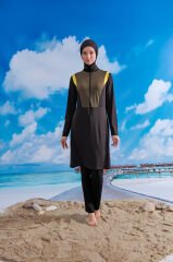 İki Renkli Fermuarlı Spor Tesettür Mayo- Siyah Yeşil Sarı -  Mayou