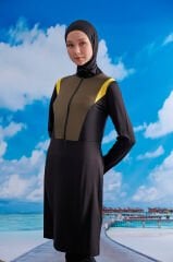 İki Renkli Fermuarlı Spor Tesettür Mayo- Siyah Yeşil Sarı -  Mayou