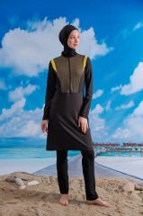 İki Renkli Fermuarlı Spor Tesettür Mayo- Siyah Yeşil Sarı -  Mayou