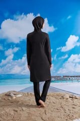 İki Renkli Fermuarlı Spor Tesettür Mayo- Siyah Yeşil Sarı -  Mayou