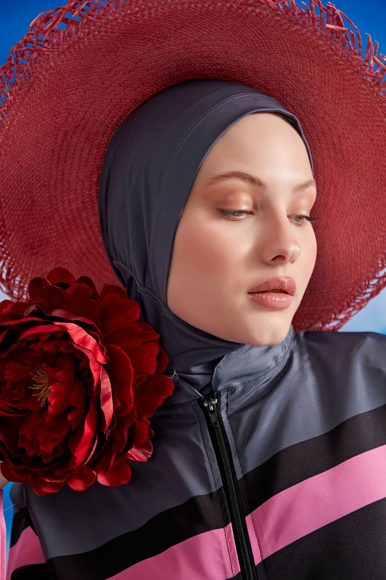 Verev Çizgili Tesettür Mayo - Fuşya/Siyah