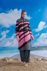 Verev Çizgili Tesettür Mayo - Fuşya/Siyah