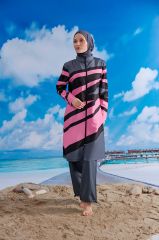 Verev Çizgili Tesettür Mayo - Fuşya/Siyah