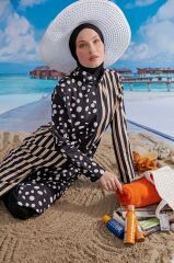Retro Desen Tesettür Mayo - Siyah/Sarı
