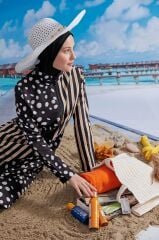 Retro Desen Tesettür Mayo - Siyah/Sarı