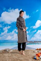 Retro Desen Tesettür Mayo - Siyah/Sarı