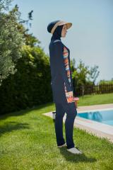 Kolları Parmak Geçmeli Şerit Yanları Çizgili Spor Tesettür Mayo- Lacivert - Mayou