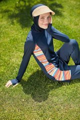 Kolları Parmak Geçmeli Şerit Yanları Çizgili Spor Tesettür Mayo- Lacivert - Mayou S