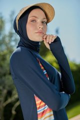 Kolları Parmak Geçmeli Şerit Yanları Çizgili Spor Tesettür Mayo- Lacivert - Mayou XL
