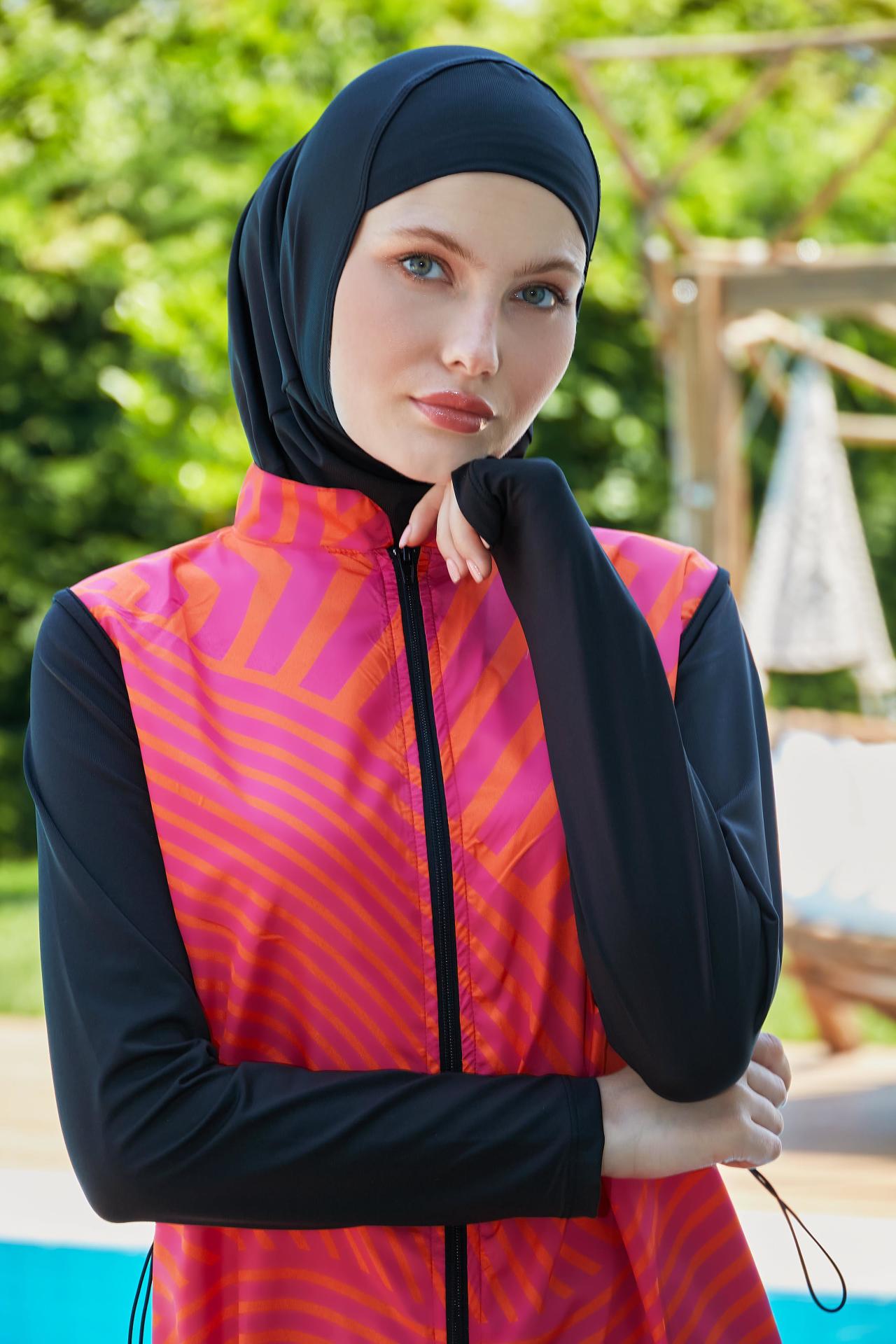 Kolları Likralı Soyut Desenli Tesettür Mayo - Siyah  Oranj - Mayou