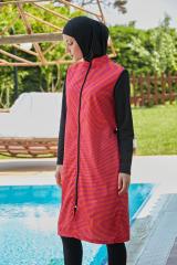 Kolları Likralı Soyut Desenli Tesettür Mayo - Siyah  Oranj - Mayou