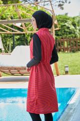 Kolları Likralı Soyut Desenli Tesettür Mayo - Siyah  Oranj - Mayou