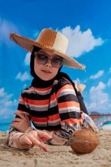 Leopar Ve Çizgi Desenli Tesettür Mayo - Siyah